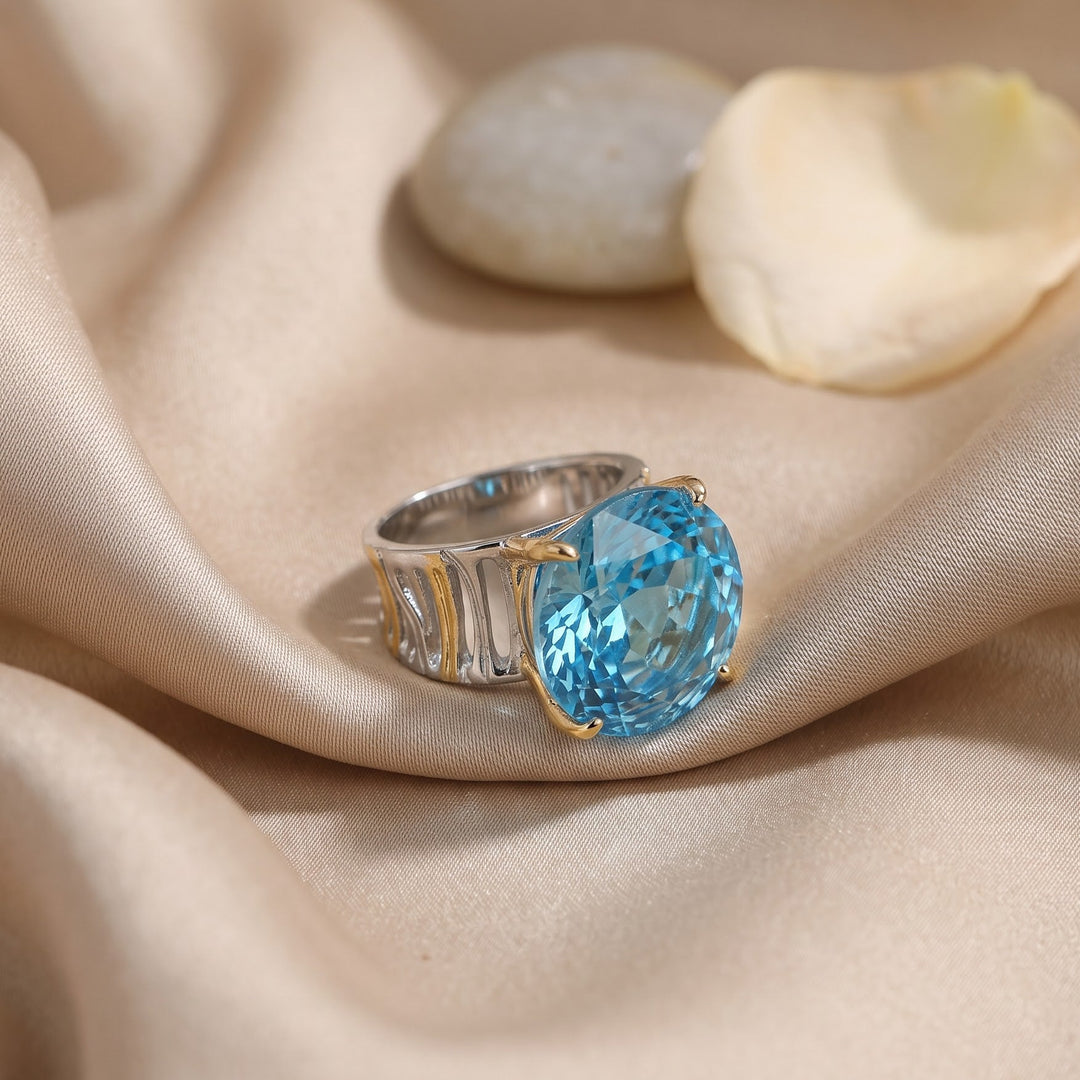 Blue Topaz crystal emerald cut two-tone cocktail ring for women on silk, gold and rhodium finish (view 4) - RANGREZ
