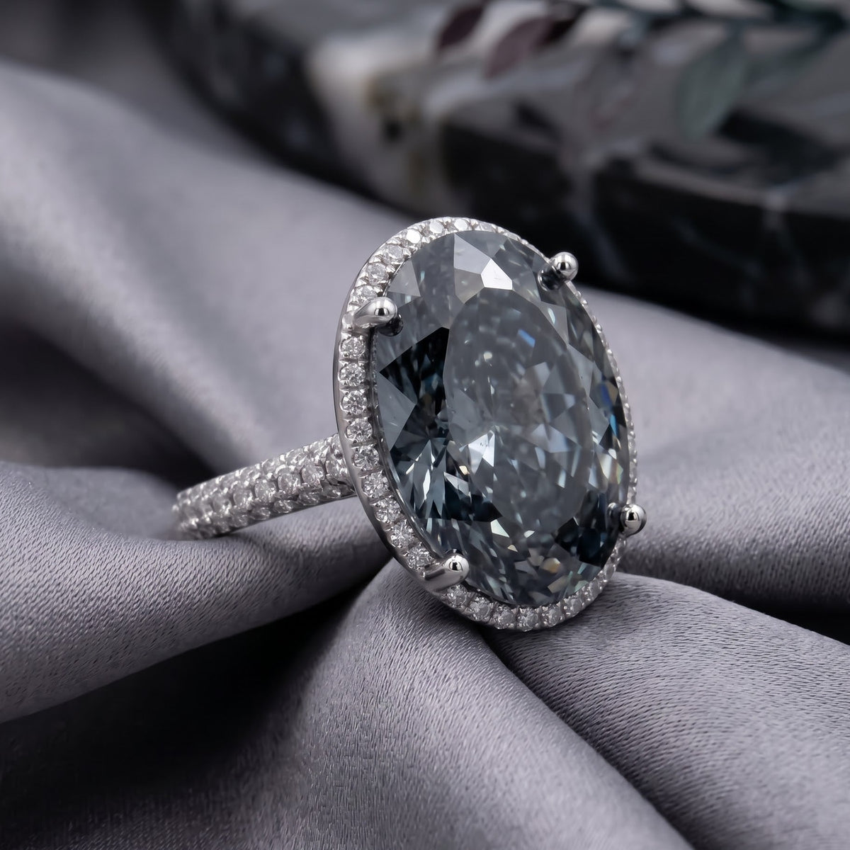 Diana Grey Crystal Cushion Halo Cocktail Ring, Rhodium finish