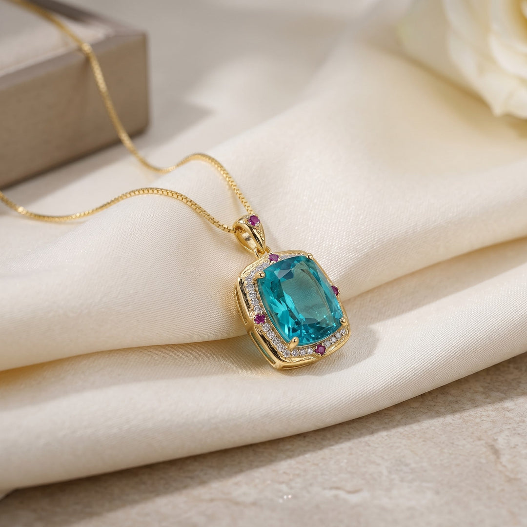 Turquoise blue crystal cushion halo pendant necklace for women, gold finish (view 2) - RANGREZ