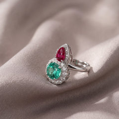 Green and red crystal pear drop cocktail ring for women, rhodium finish (view 3) - RANGREZ