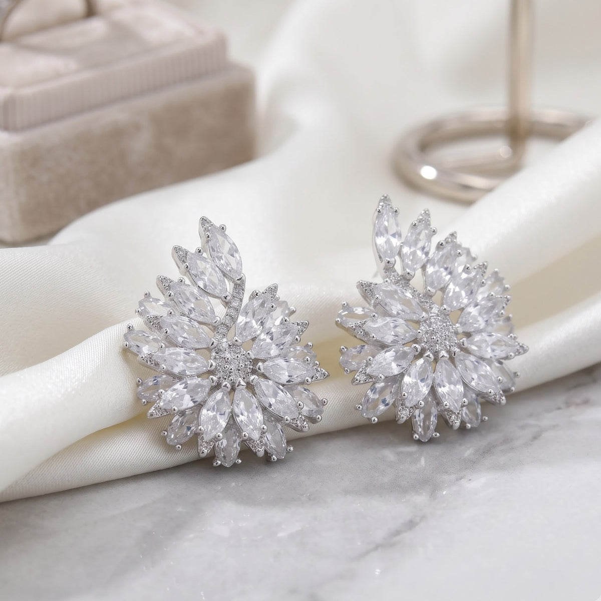 White Crystal Marquise Cluster Stud Earrings, Rhodium finish