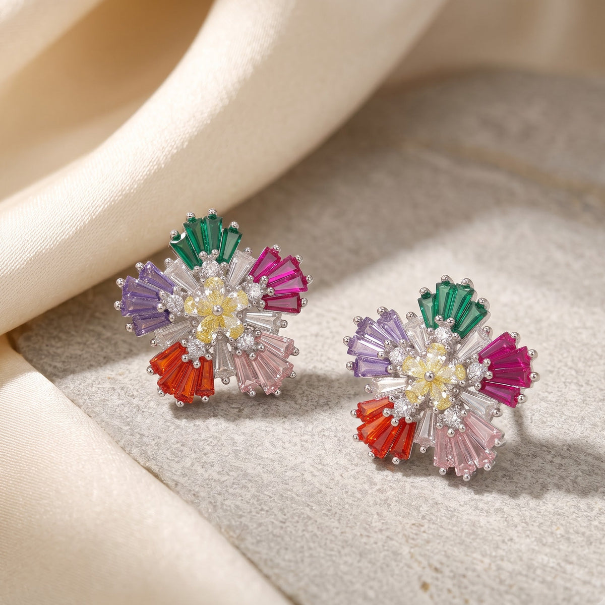 Multicolour Crystal Baguette Pinwheel Stud Earrings, Rhodium finish