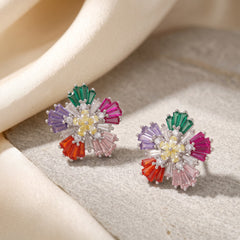Multicolour Crystal Baguette Pinwheel Stud Earrings, Rhodium finish