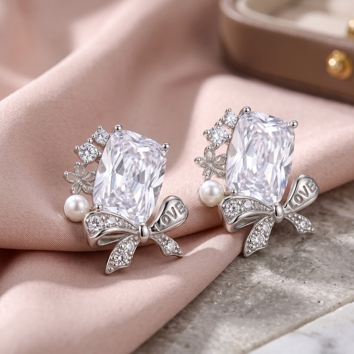 Bowelle White Crystal & Pearl Bow Stud Earrings, Cushion cut, Rhodium finish