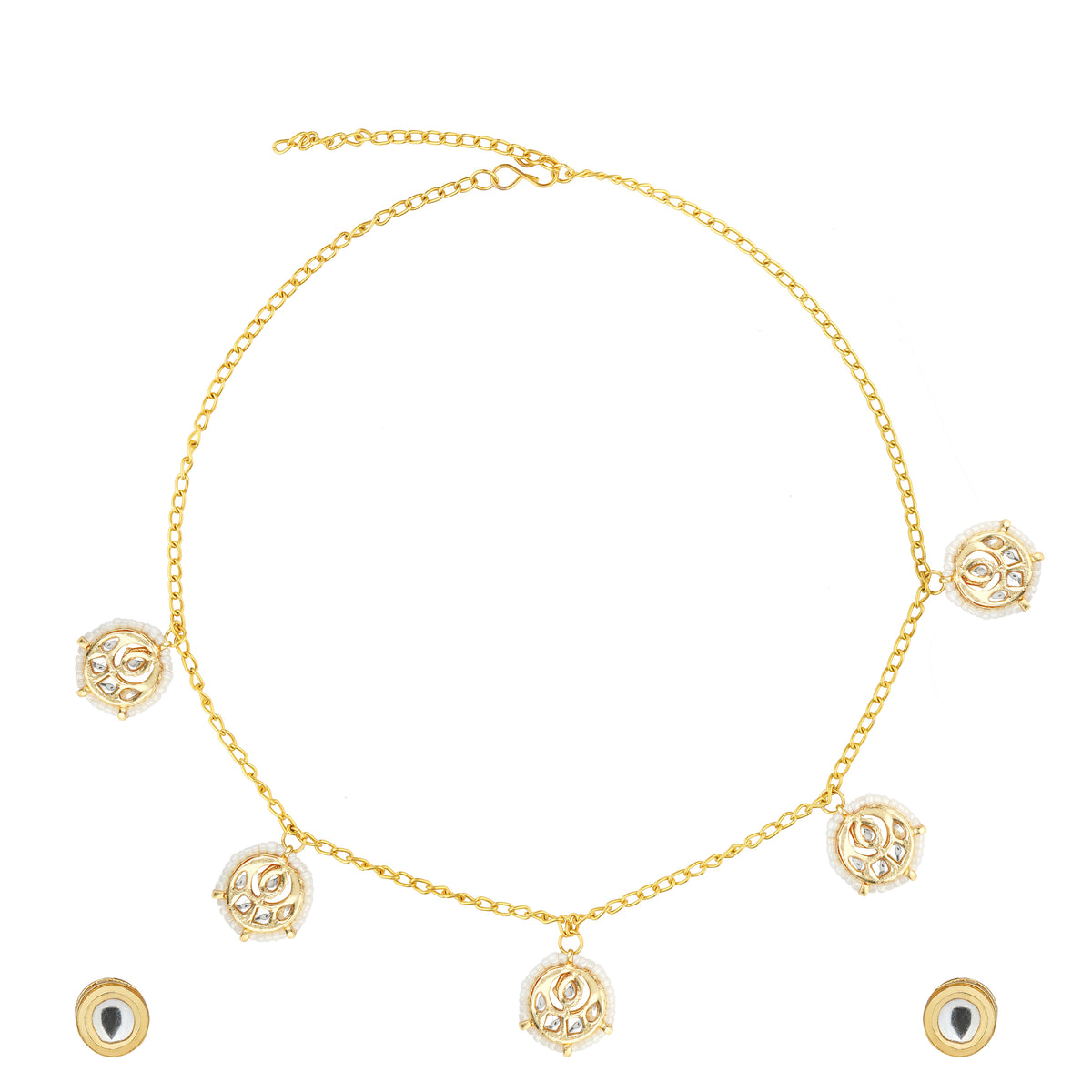 Maheen kundan pearl ethnic charm necklace set for women with earrings close image white background 