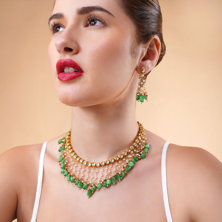 Mahnoor green drop kundan necklace set with earrings