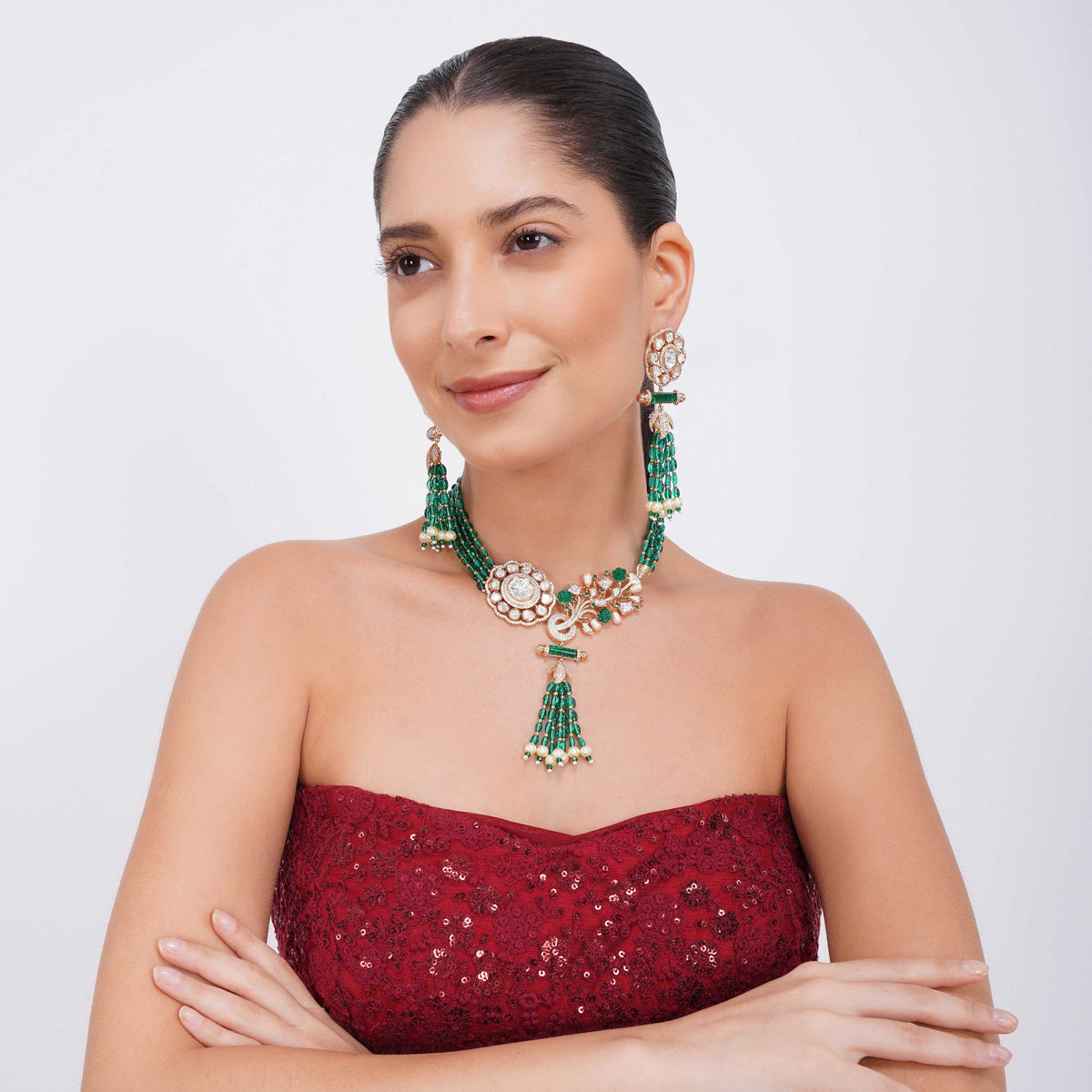 Moissanite and emerald jewelry ensemble