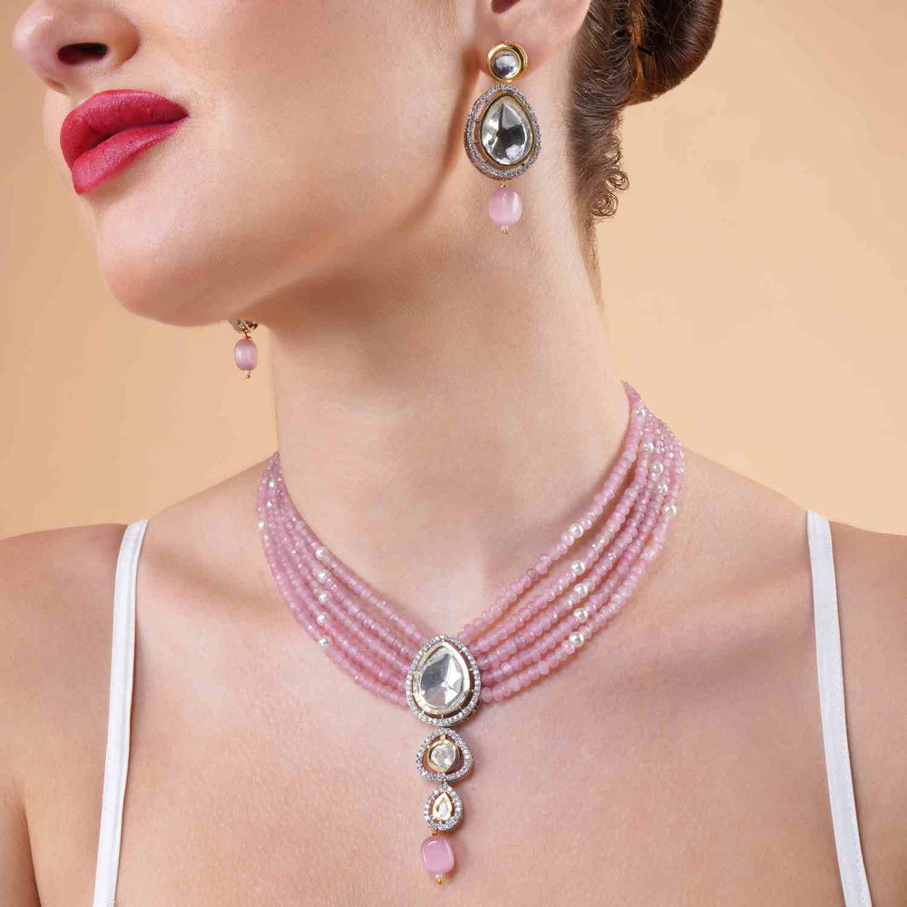 Multi-layered Pink Beads, Kundan Stones & Pearl Accents