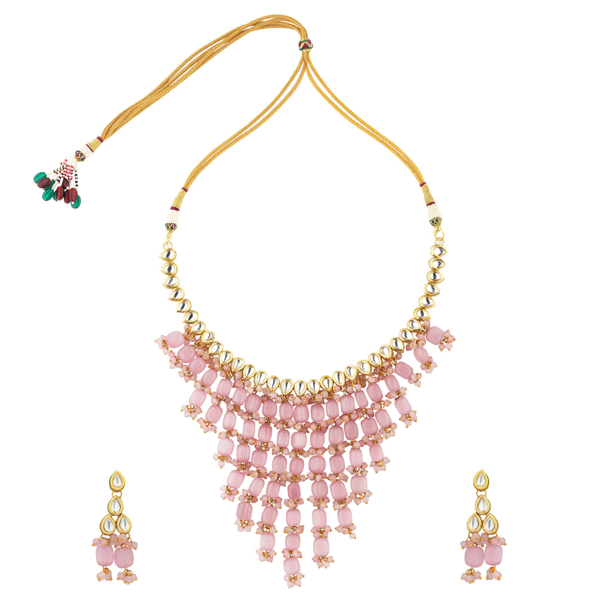 Noor gold plated pink statement necklace set with Earrings