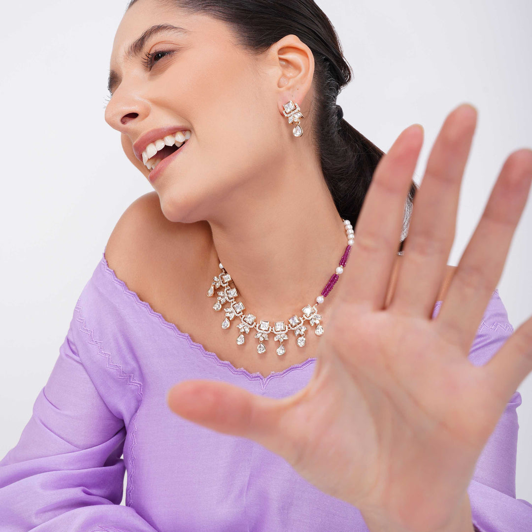 Pearl Bead Strand Necklace Set with Square CZ Stones