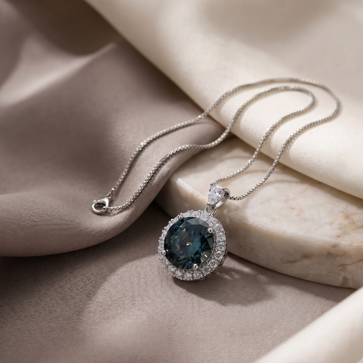 Astria Grey Crystal Round Sunburst Pendant Necklace, Rhodium finish
