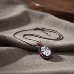 Cadence White & Pink Crystal Cushion Halo Pendant Necklace, Black Rhodium finish