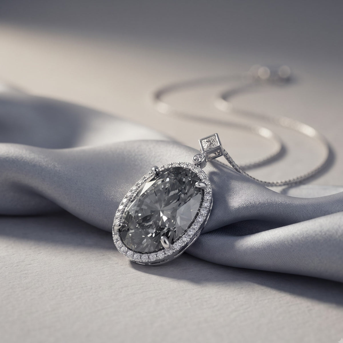Diana Grey Crystal Oval Halo Pendant Necklace, Rhodium finish