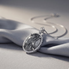 Diana Grey Crystal Oval Halo Pendant Necklace, Rhodium finish