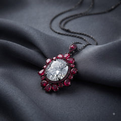 Bellora White & Pink Crystal Floral Halo Pendant Necklace, Black Rhodium finish