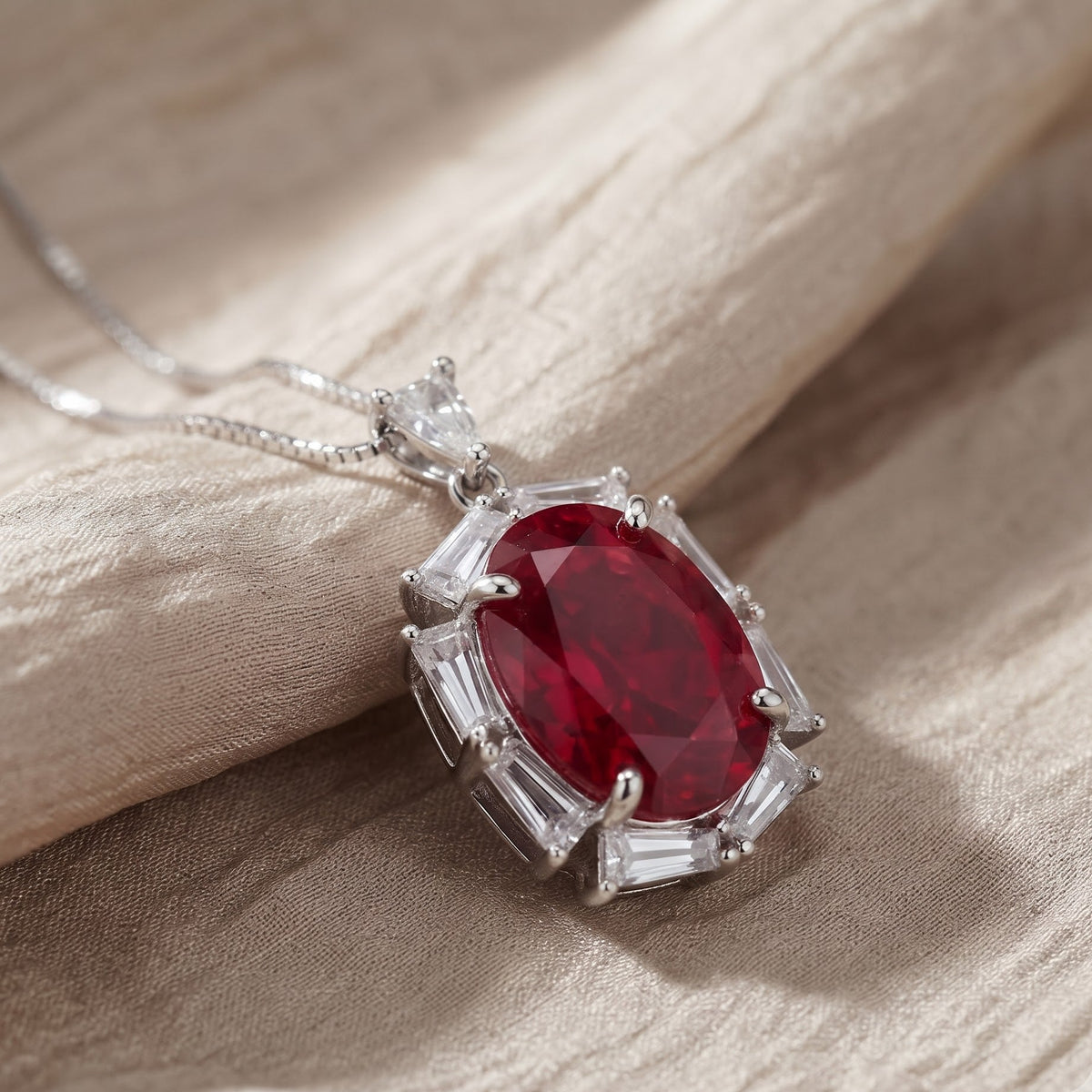 Noctis Rhodium Plated Red Ruby CZ Oval Pendant Necklace