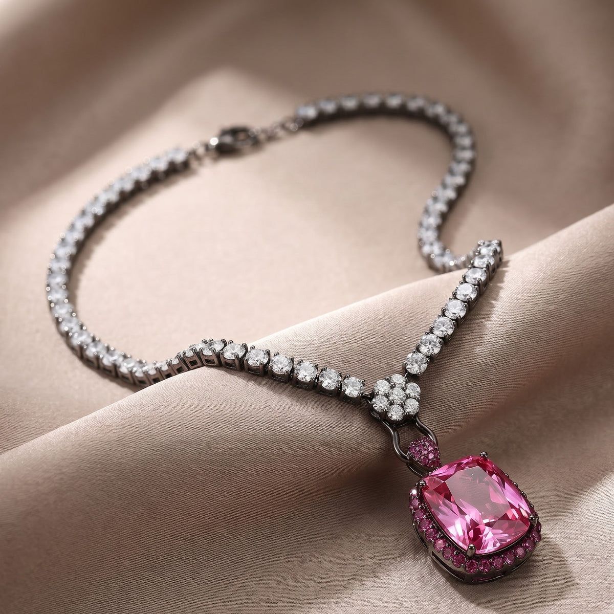 Rebecca Ruthenium Pink Crystal Cushion Pendant Tennis Necklace, Black Rhodium finish