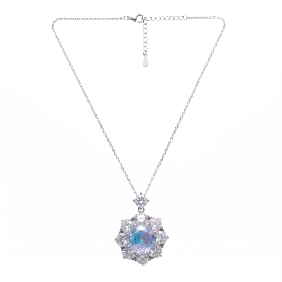 Aurora Crystal Floral Halo Pendant Necklace, Rhodium finish
