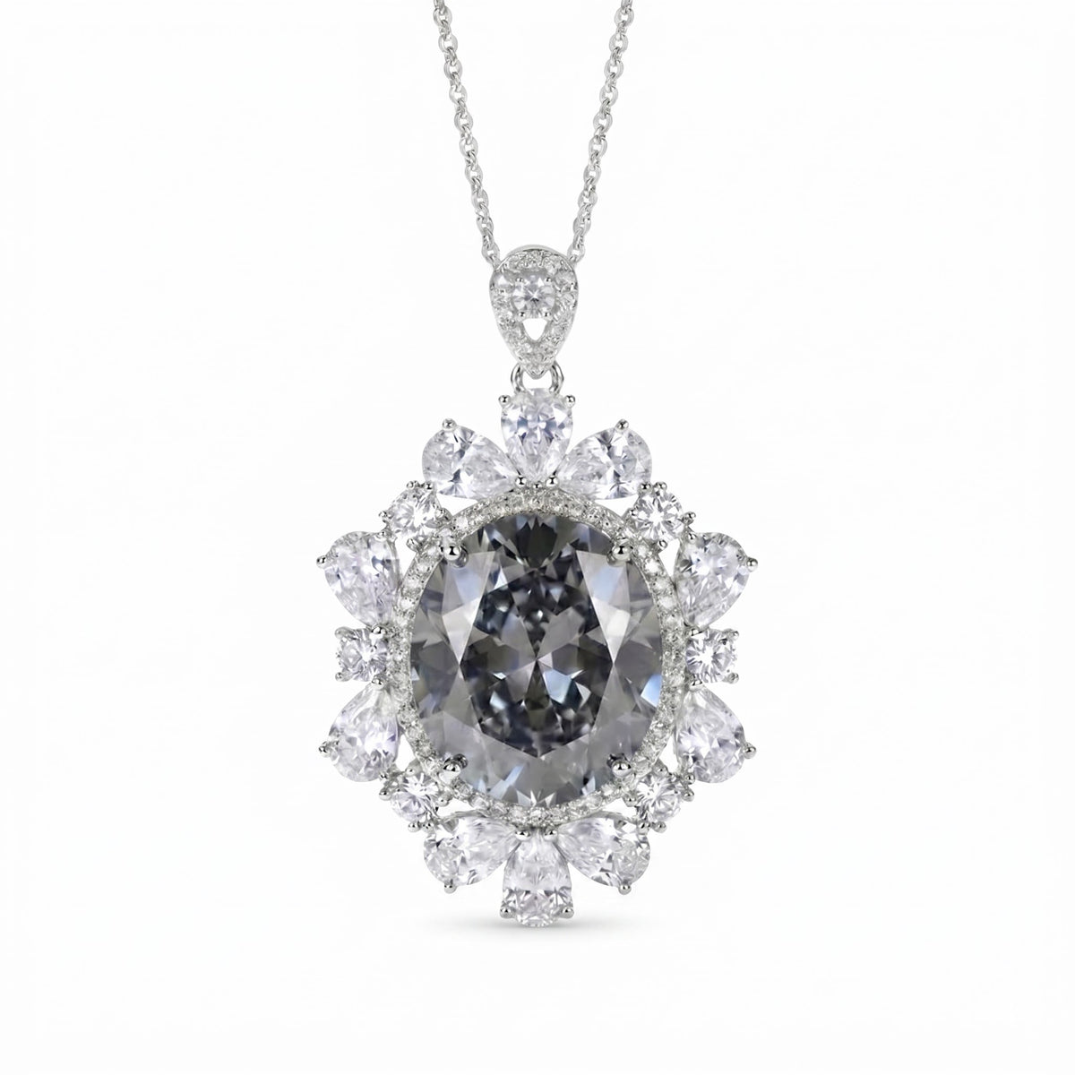 Coralia Grey & White Crystal Floral Halo Pendant Necklace, Rhodium finish