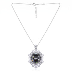 Coralia Grey & White Crystal Floral Halo Pendant Necklace, Rhodium finish
