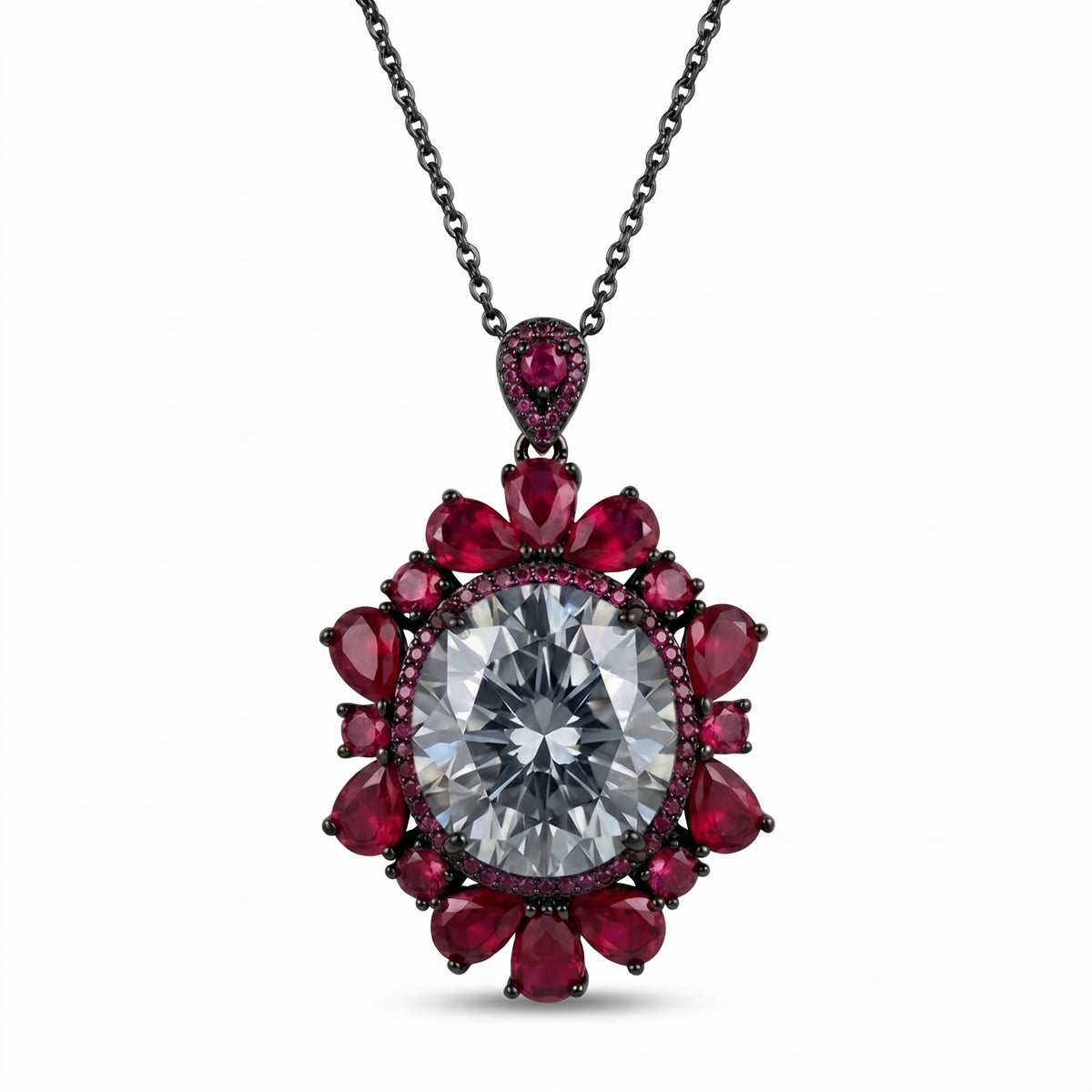 Bellora White & Pink Crystal Floral Halo Pendant Necklace, Black Rhodium finish