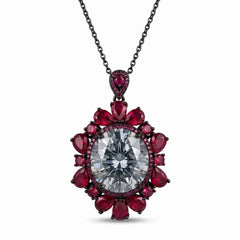 Bellora White & Pink Crystal Floral Halo Pendant Necklace, Black Rhodium finish
