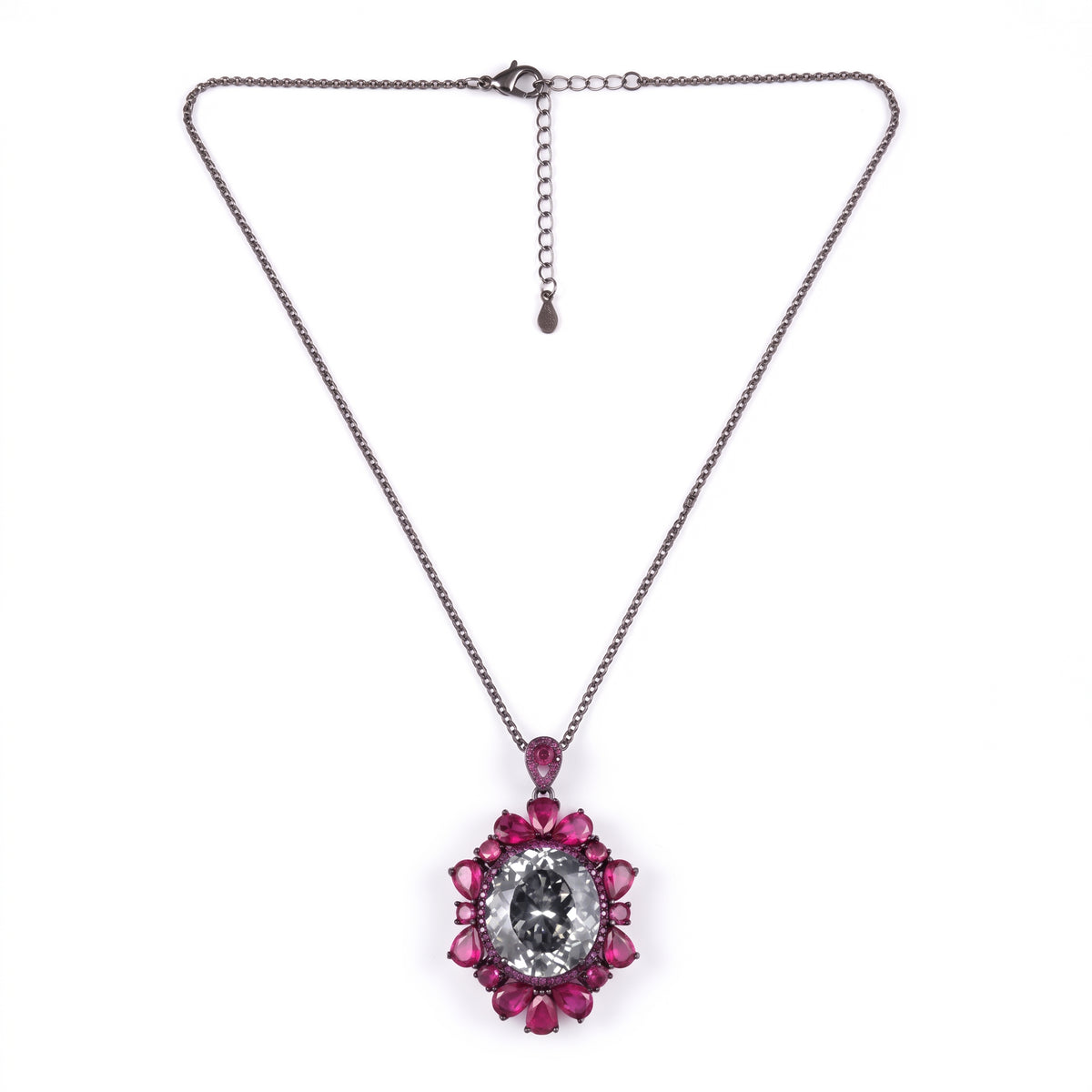 Bellora White & Pink Crystal Floral Halo Pendant Necklace, Black Rhodium finish