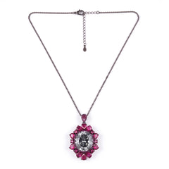 Bellora White & Pink Crystal Floral Halo Pendant Necklace, Black Rhodium finish