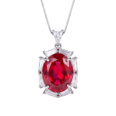 Noctis Rhodium Plated Red Ruby CZ Oval Pendant Necklace