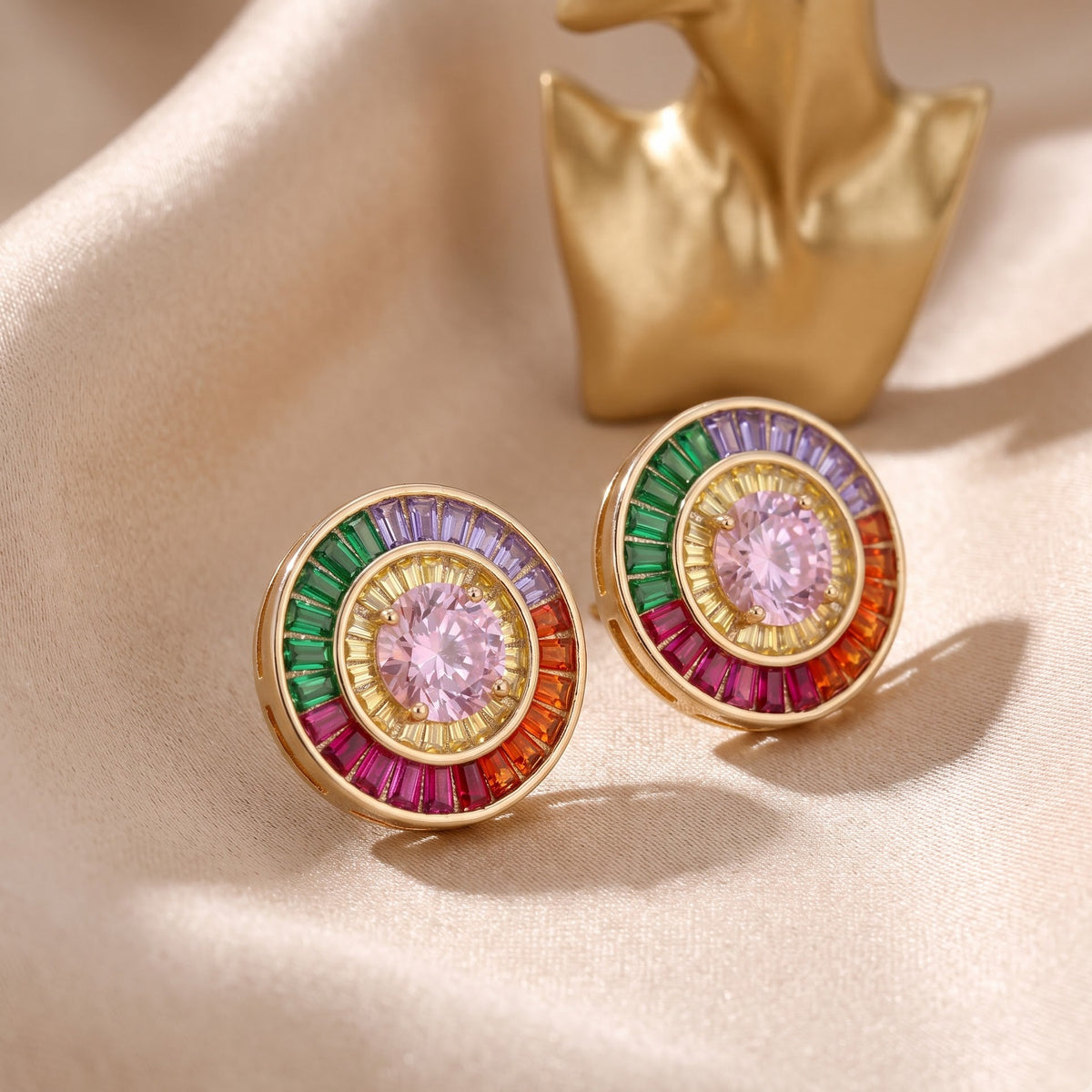 Orbis Multicolour Crystal Round Halo Stud Earrings, Gold finish
