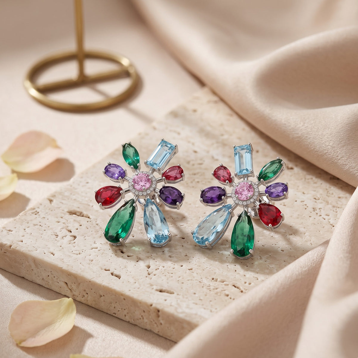Chromotic Crystal Floral Burst Stud Earrings