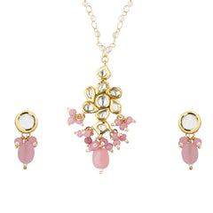 Pink Kundan Pendant with Pearl Accents Necklace Close-Up