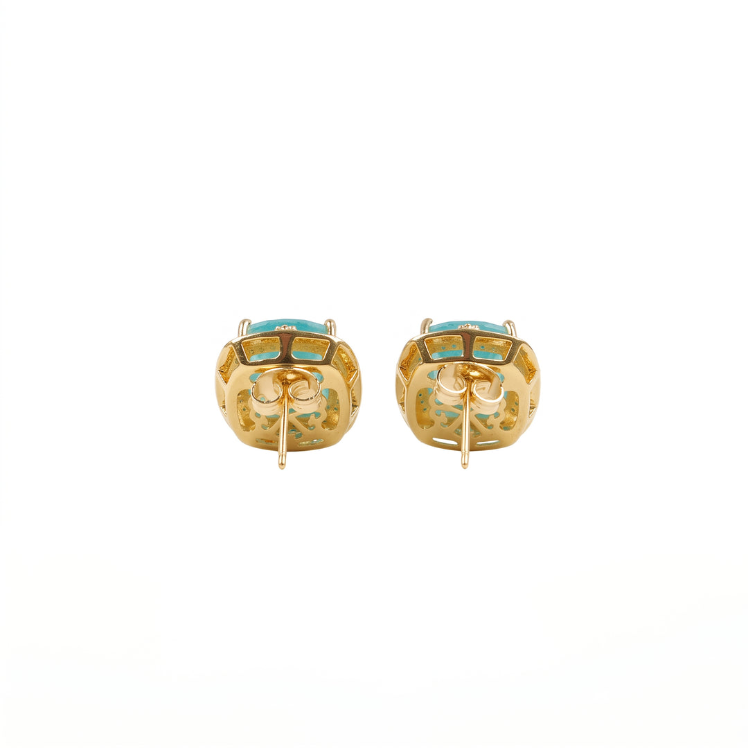 Turquoise blue crystal cushion halo stud earrings for women, gold finish (view 3) - RANGREZ