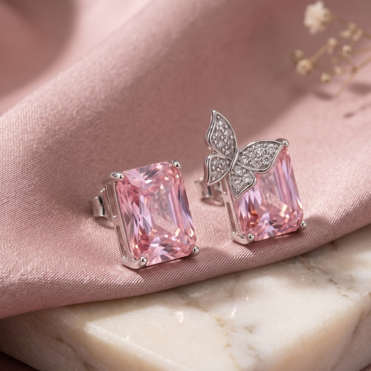 Purple Butterfly Emerald-Cut Stud Earrings – Silver-Tone CZ Pave Studs