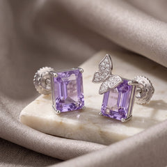 Purple Butterfly Emerald-Cut Stud Earrings – Silver-Tone CZ Pave Studs