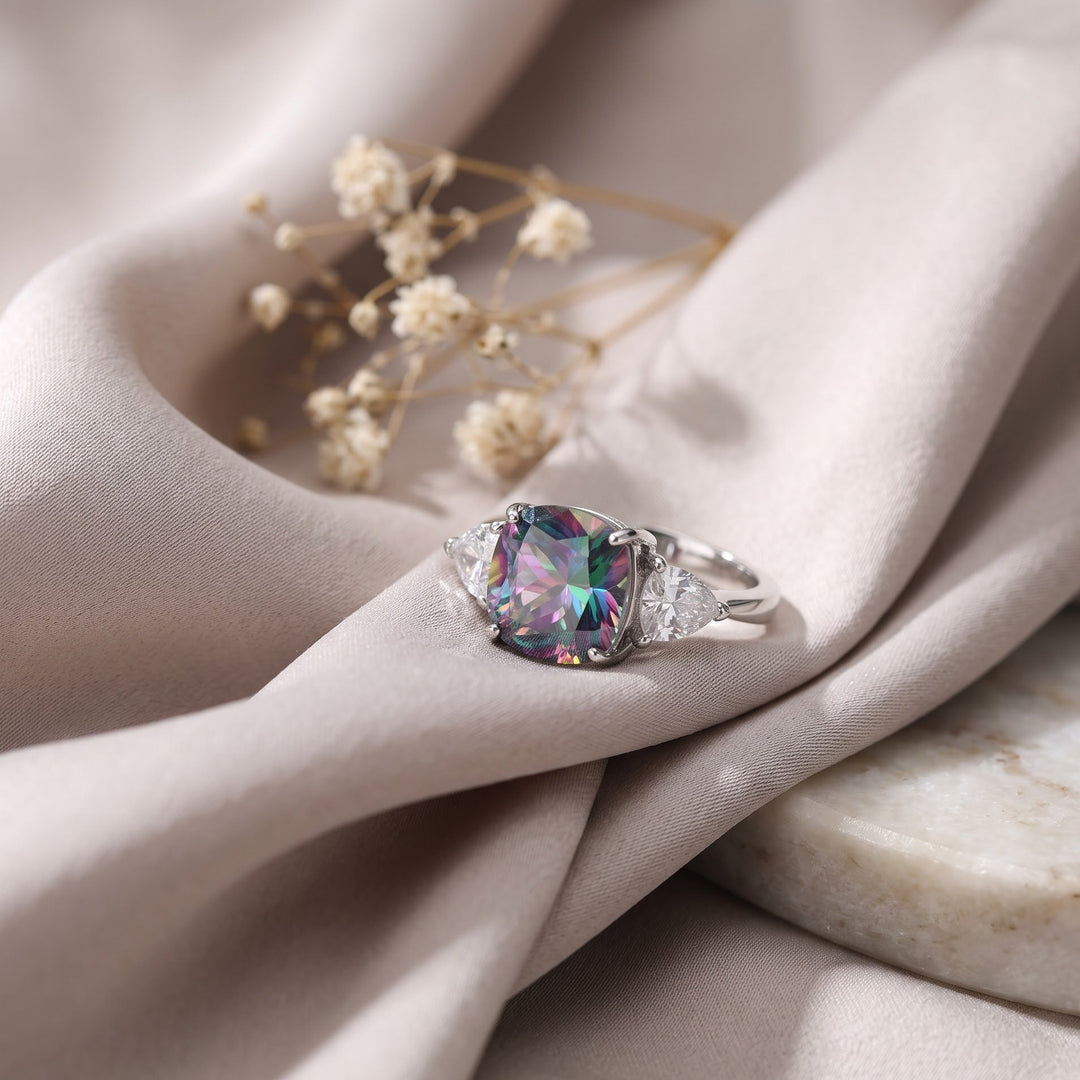 Multicolour mystic crystal cushion solitaire ring for women, rhodium finish (view 2) - RANGREZ