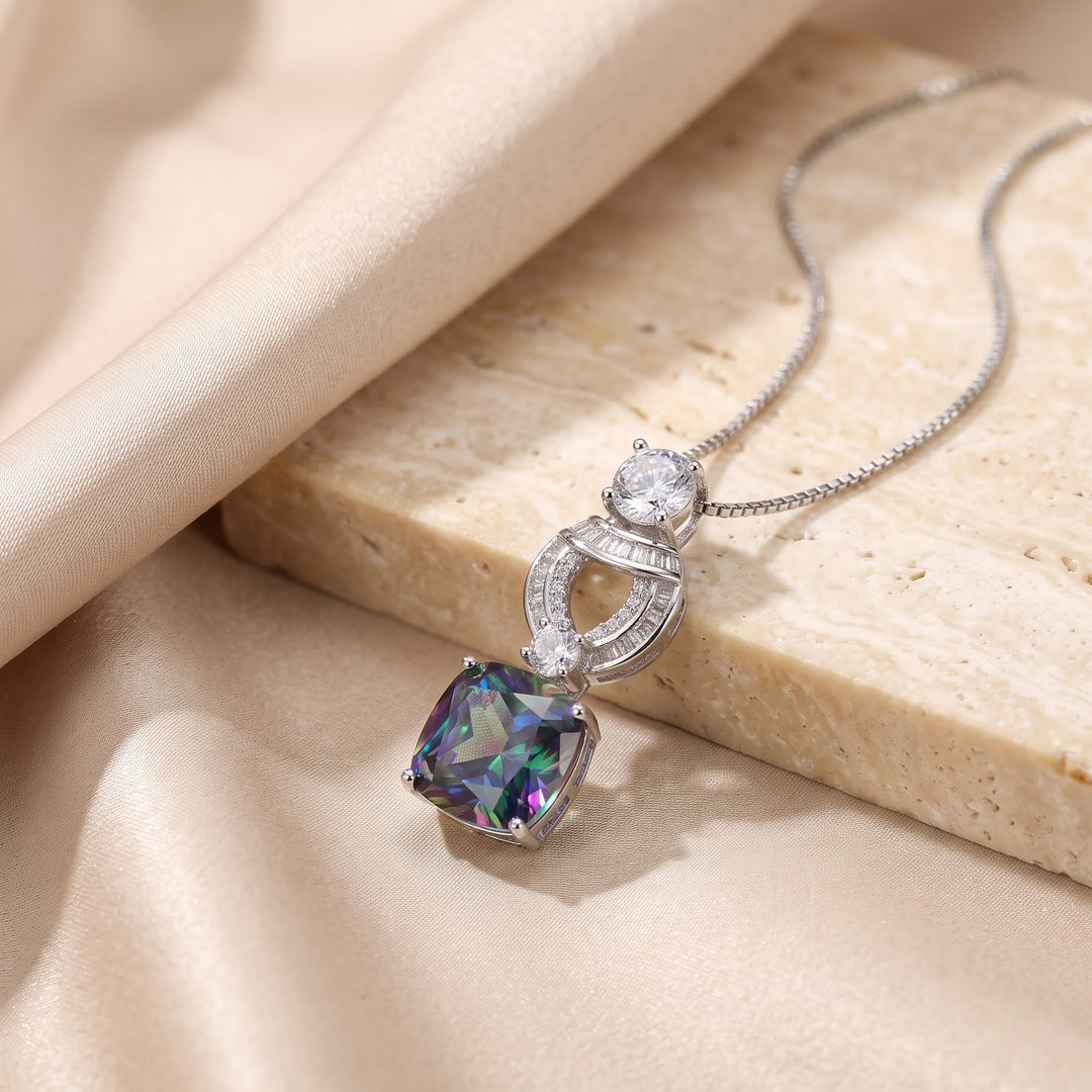 Multicolour mystic crystal cushion drop pendant necklace for women, rhodium finish (view 2) - RANGREZ