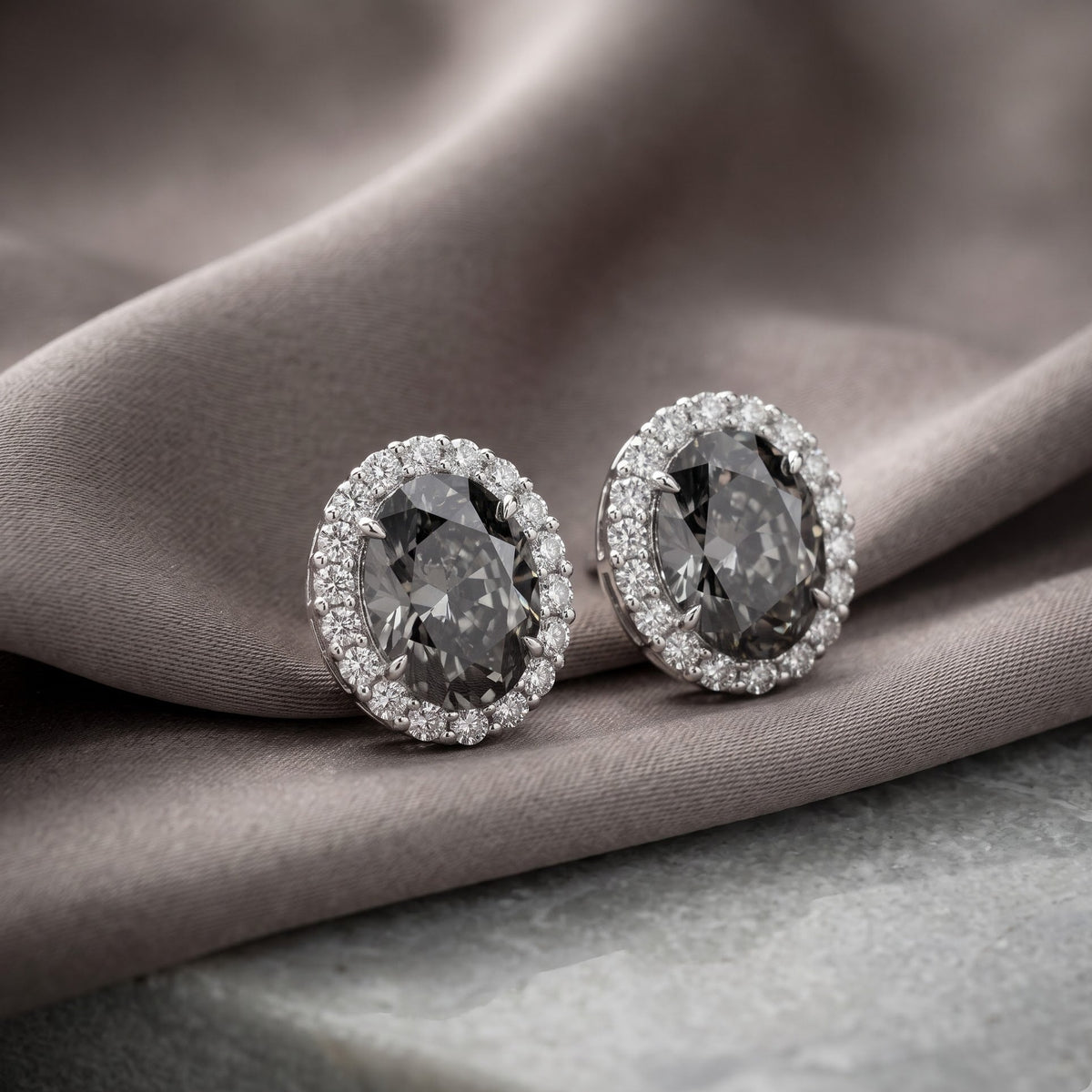 Diana Grey Crystal Oval Halo Stud Earrings, Rhodium finish