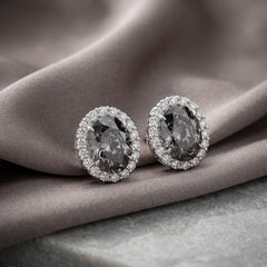 Diana Grey Crystal Oval Halo Stud Earrings, Rhodium finish