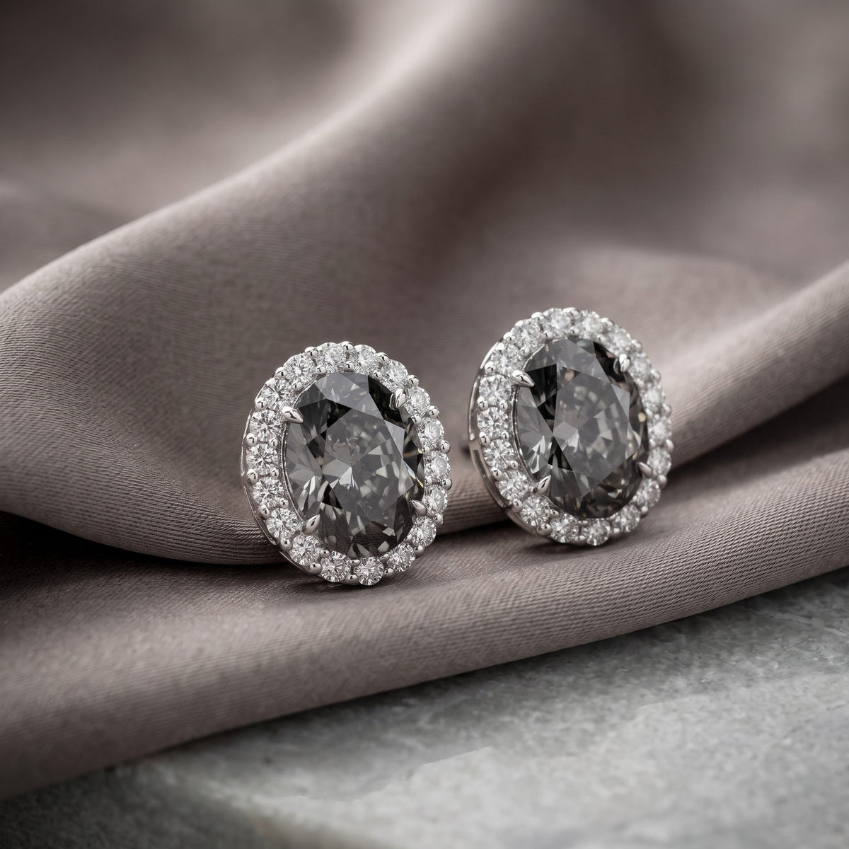Smoky grey oval halo crystal stud earrings for women, rhodium - RANGREZ (image 1)