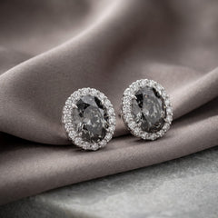 Smoky grey oval halo crystal stud earrings for women, rhodium - RANGREZ (image 1)