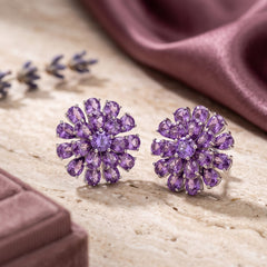Purple Daisy Bloom Crystal Stud Earrings