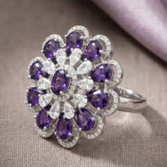 Crystal Oval Floral Cluster Cocktail Ring, Rhodium finish