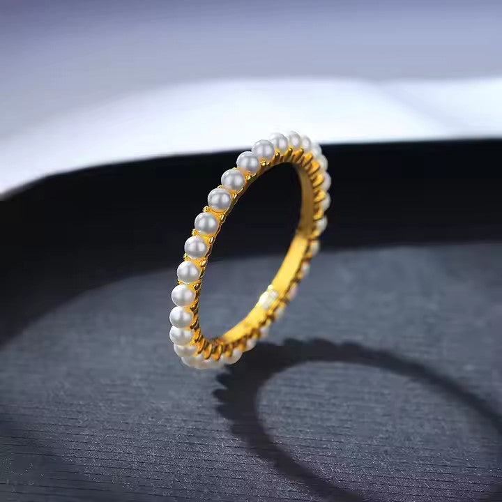 silver pearl band ring for women