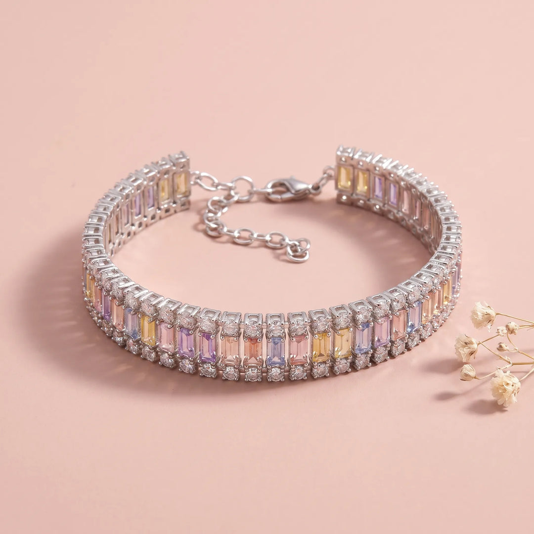 Pastel crystal baguette tennis bracelet for women, rhodium finish - RANGREZ