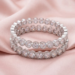 White crystal solitaire eternity bangles pair for women, rhodium finish - RANGREZ