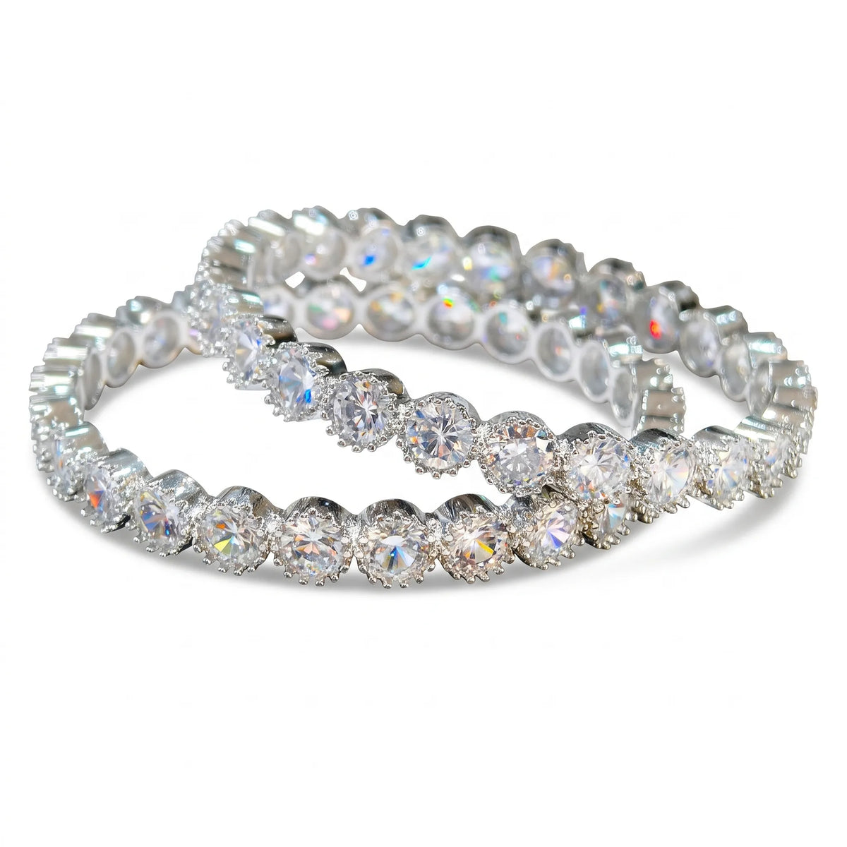 White crystal solitaire eternity bangles pair for women, rhodium finish (view 4) - RANGREZ