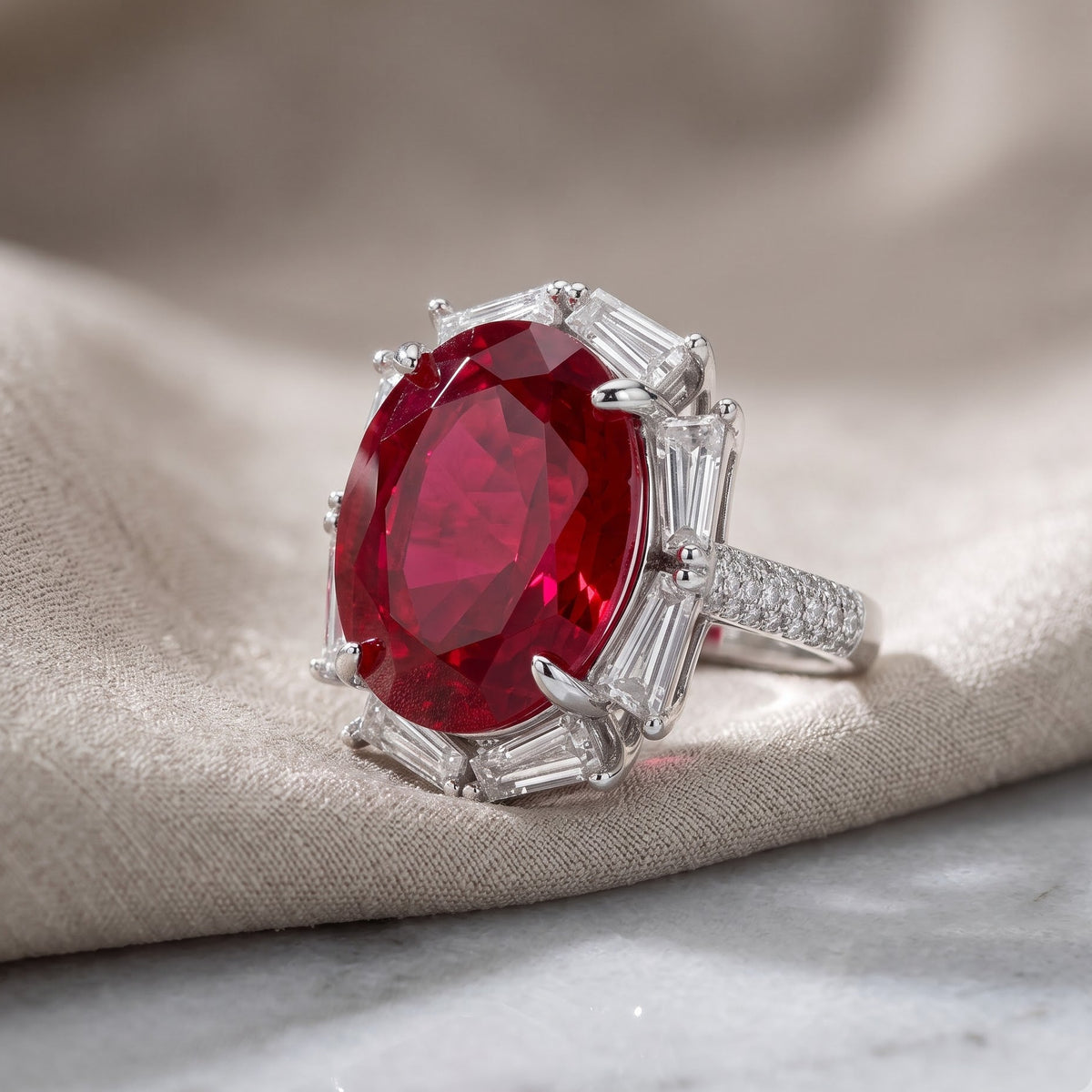 Noctis Red Ruby CZ Oval Cocktail Ring, Rhodium finish