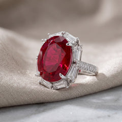 Noctis Red Ruby CZ Oval Cocktail Ring, Rhodium finish