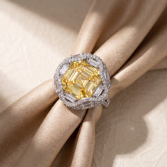 Yellow Crystal Emerald Cut Statement Cocktail Ring, Gold & Rhodium finish